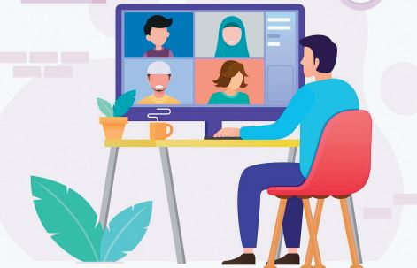 Graphic depicting a man sitting virtually taking part in a meeting