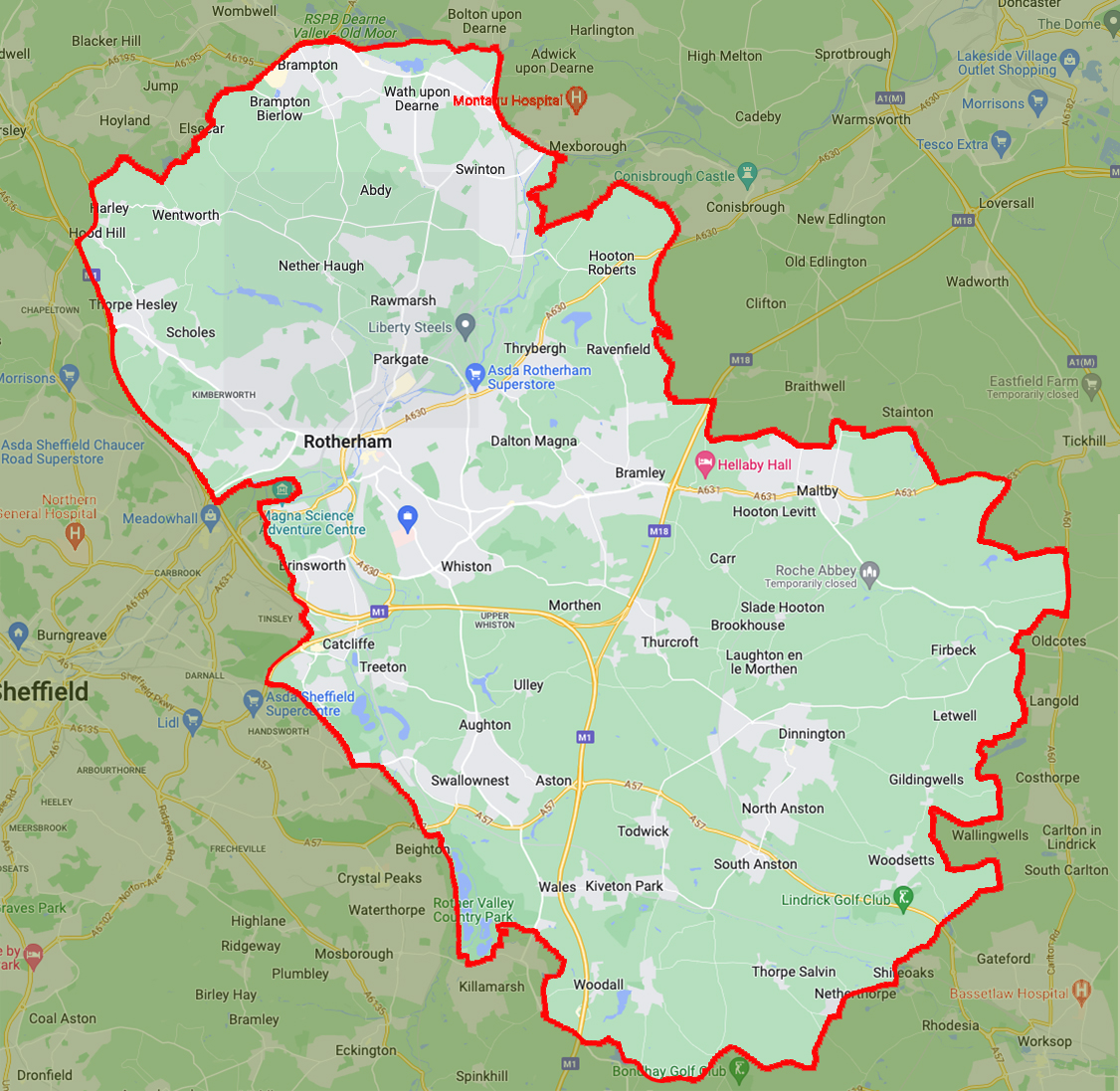 Map highlighting the Rotherham boundary