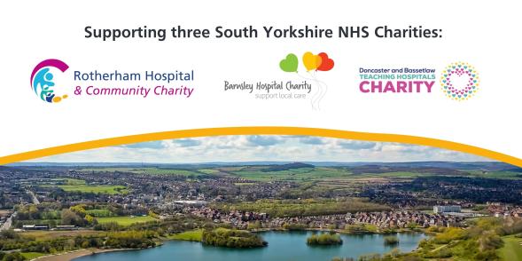The Rotherham Hospital and Community Charity logo, Barnsley Hospital Charity logo, Doncaster and Bassetlaw Hospital Charity logos alongside an image of Manvers Lake.