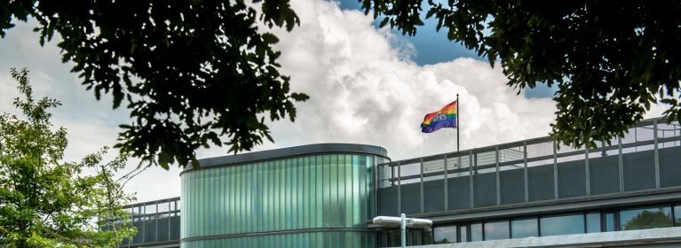 The main entrance of Rotherham Hospital on a cloudy day