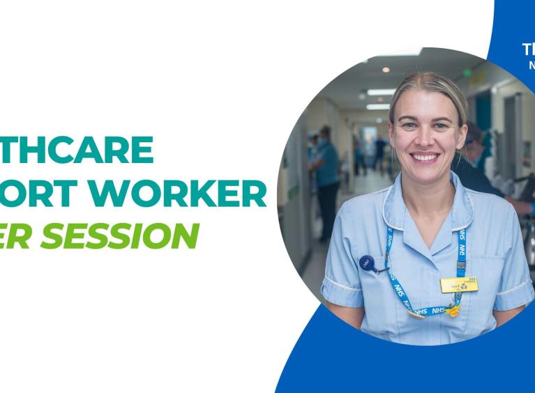 Healthcare support worker taster session banner. Includes photo of smiling Healthcare Support Worker in uniform.