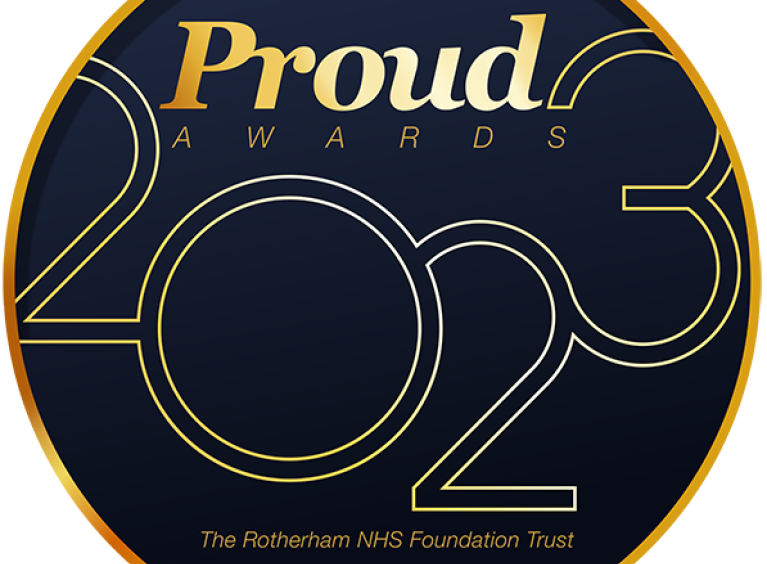 Proud Awards 2023 logo. 'Proud Awards' in gold on a black background