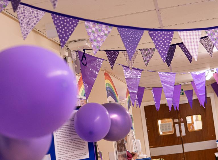 Special Care Baby Unit decorated with purple flags and balloons for World Prematurity Day November 2022
