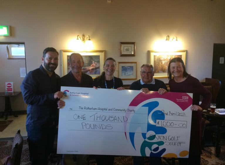 Saxon Golf Society presenting cheque to Rotherham Hospital and Community Charity