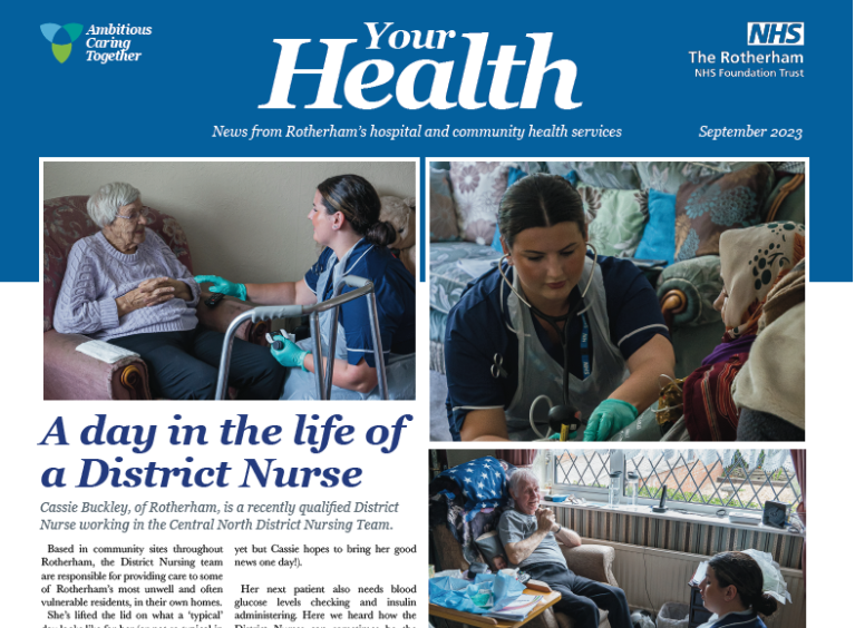 Front cover of Your Health September 2023 with photos of a District Nurse attending to a patient