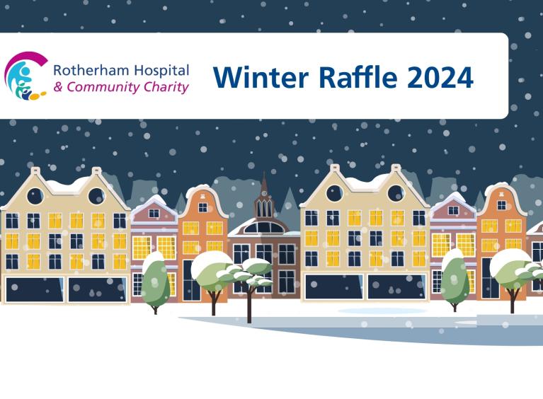 A snowy street scene with the charity logo and text that reads "Winter raffle 2024"