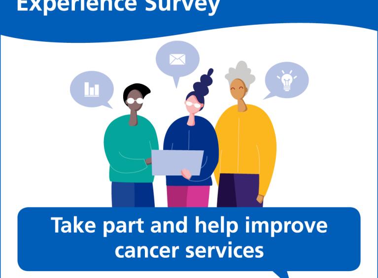 Three cartoon people. The heading says "National Cancer Patient Experience Survey with the NHS logo.