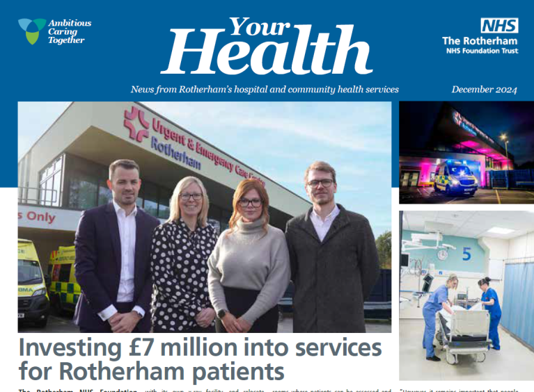 The front cover of Your Health December 2024. There is a blue banner across the top with Your Health in white text and the Trust's logo.