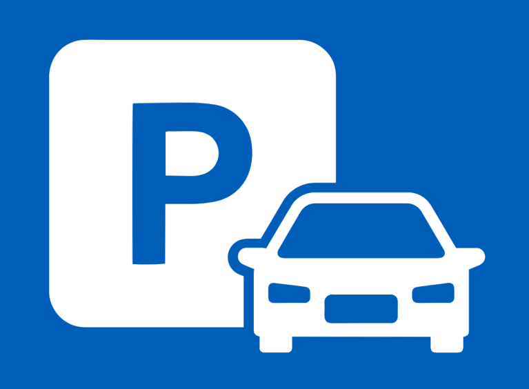 A white parking sign and outline of a car on a blue background