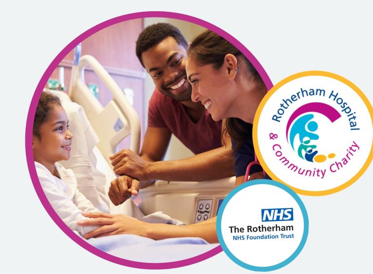 An image of a child in a hospital bed, surrounded by her dad and a nurse. Alongside is the charity logo and the Rotherham NHS trust logo. 