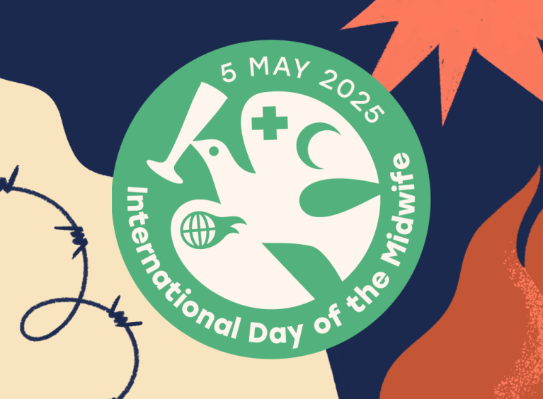 A green circle with a bird graphic. Text reads 5 May 2025 International Day of the Midwife