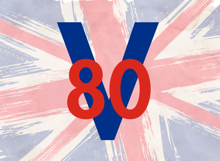 A blue V and red 80 on a Union Jack background