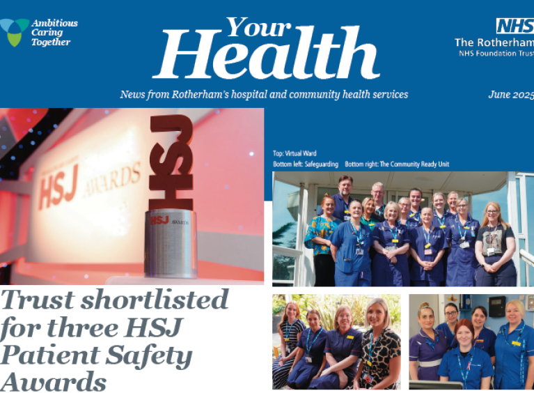 Masthead of Your Health with three team photos and the headline 'Trust shortlisted for three HSJ Patient Safety Awards'