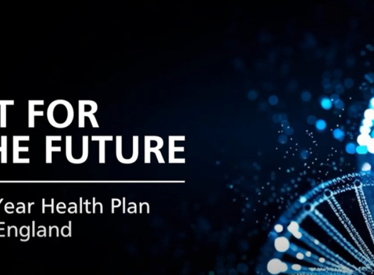A dark background with a glowing DNA-like structure. Text reads: For for the future: 10 year health plan for England
