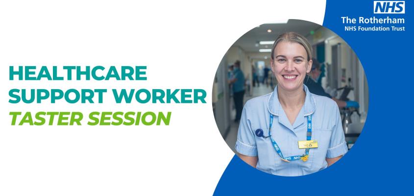 Healthcare support worker taster session banner. Includes photo of smiling Healthcare Support Worker in uniform.