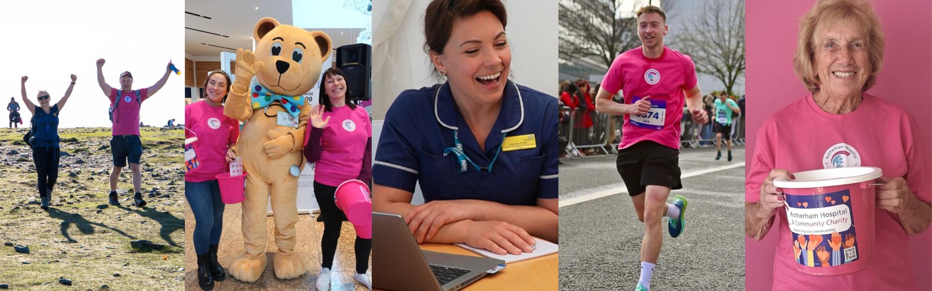 An array of charity photos including fundraisers taking on a running challenge and volunteers wearing charity tshirts doing bucket collections