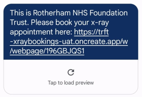 Example text message with a link to book an x-ray appointment