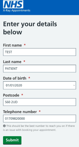 Example of the x-ray booking form to complete with your details including name, date of birth, postcode and telephone number