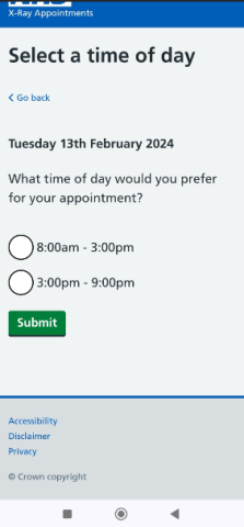 Example screen showing available x-ray appointment times