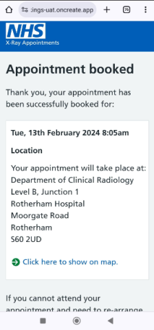 Example confirmation of a booked x-ray appointment