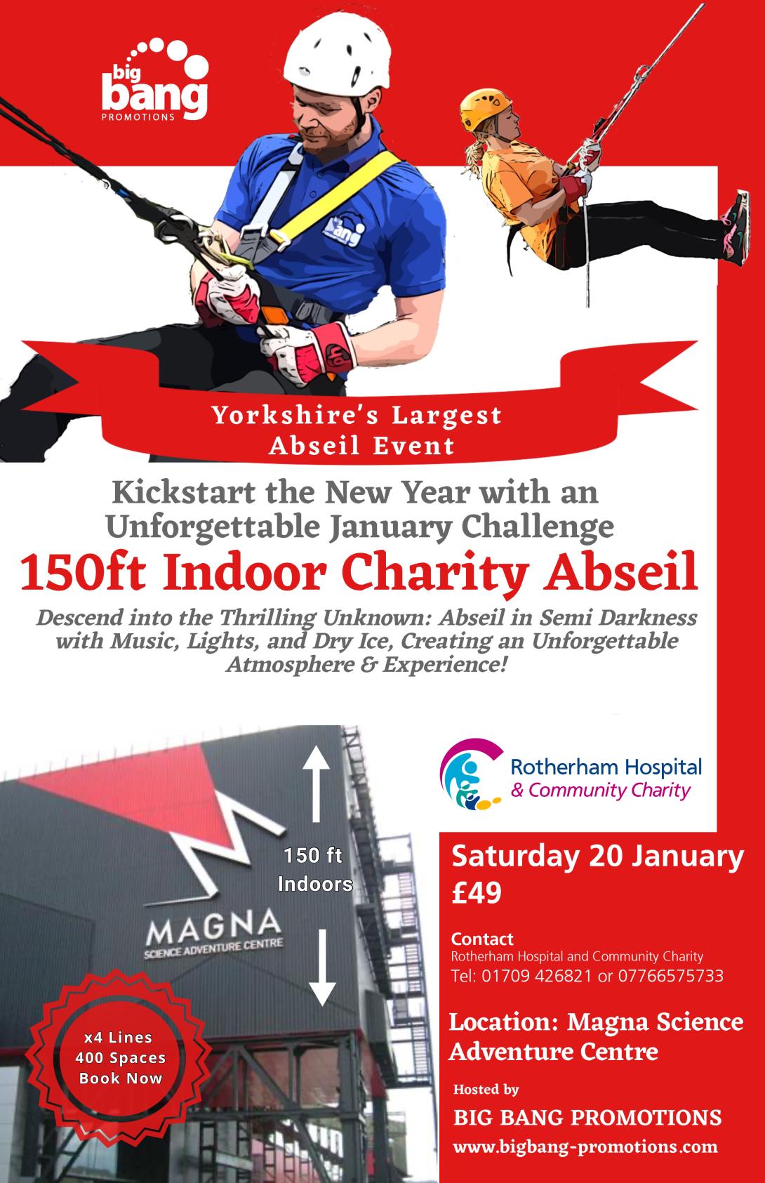 Poster in red and white showing details of the charity abseil event with pictures of two people abseiling.