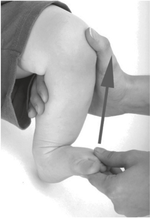 A person is supporting a baby's calf with one hand and gently moving the foot with their other hand