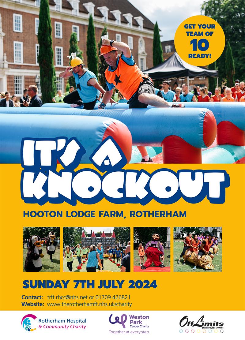 Poster for it's a knockout 2024 showing people climbing over inflatable obstacles.