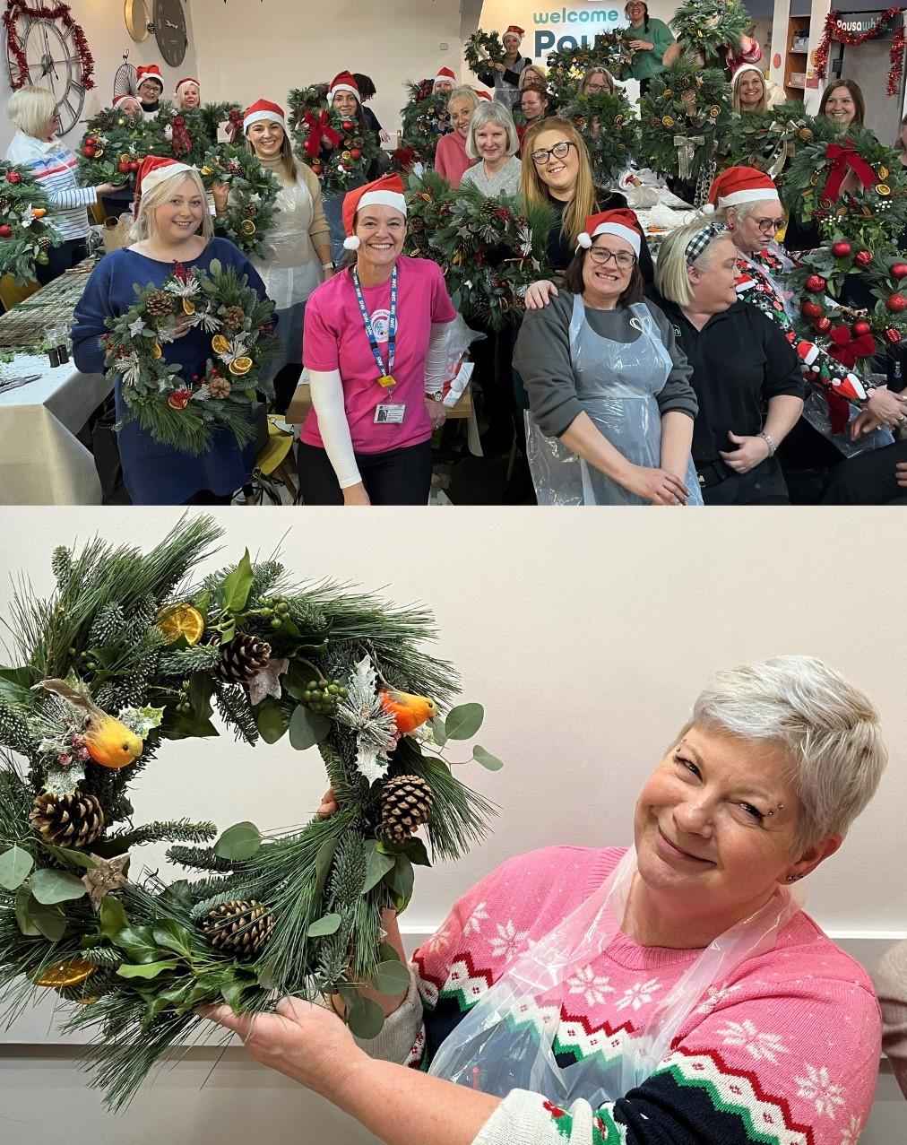 Two photos from the Christmas Wreath Making Workshop, showing a group photo, and an image of a lady showing off her hand-made wreath