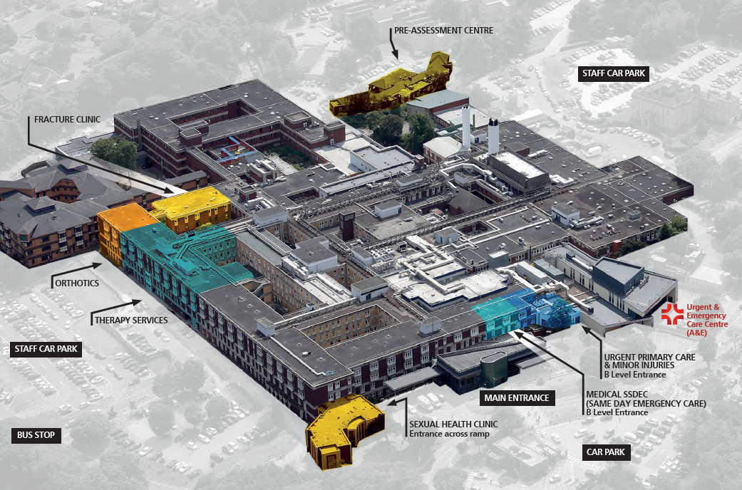 An overview of Rotherham Hospital with areas highlighted where building works will take place throughout 2025