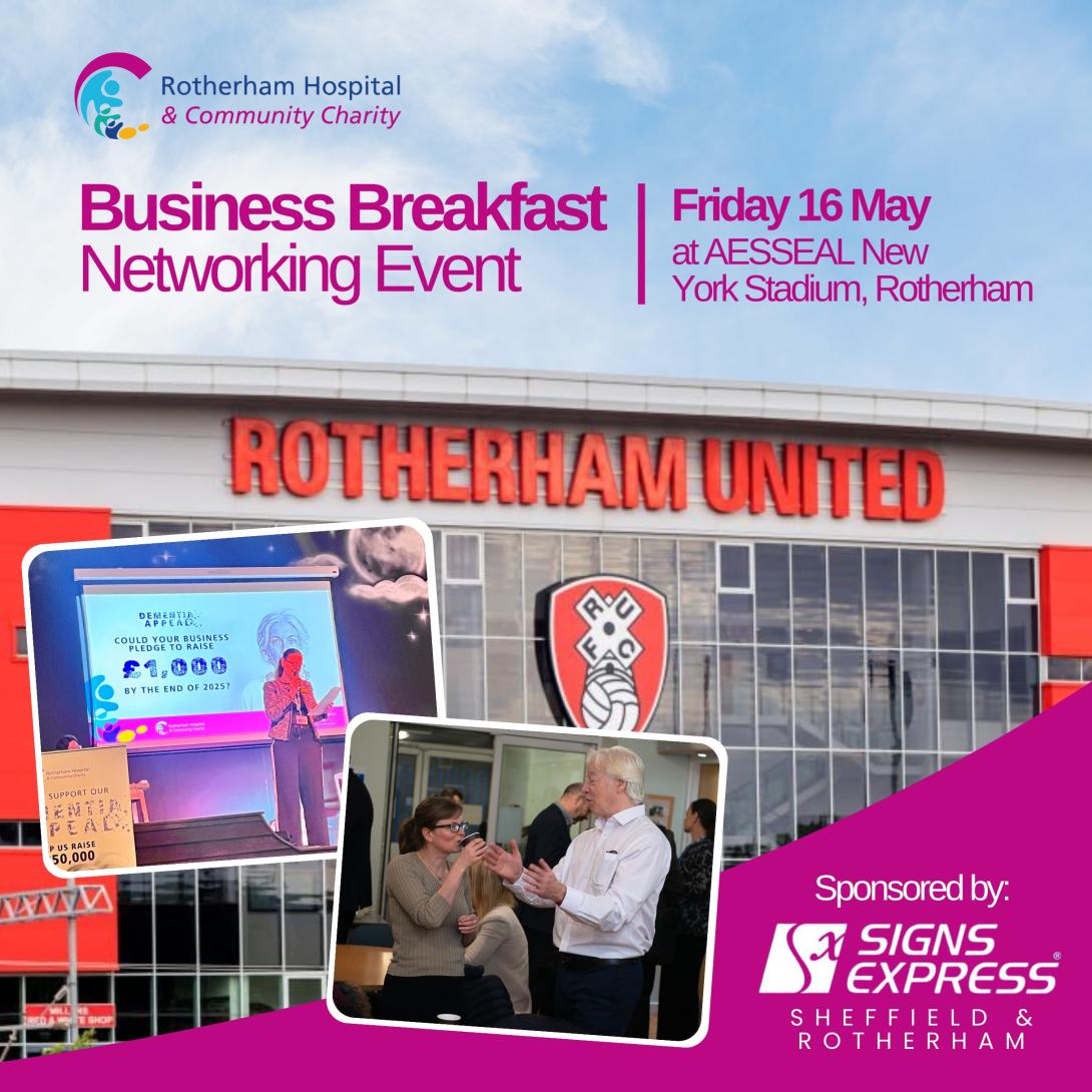 An image of Rotherham United football stadium with images of previous Business Breakfast events, with the text Business Breakfast Networking Event.