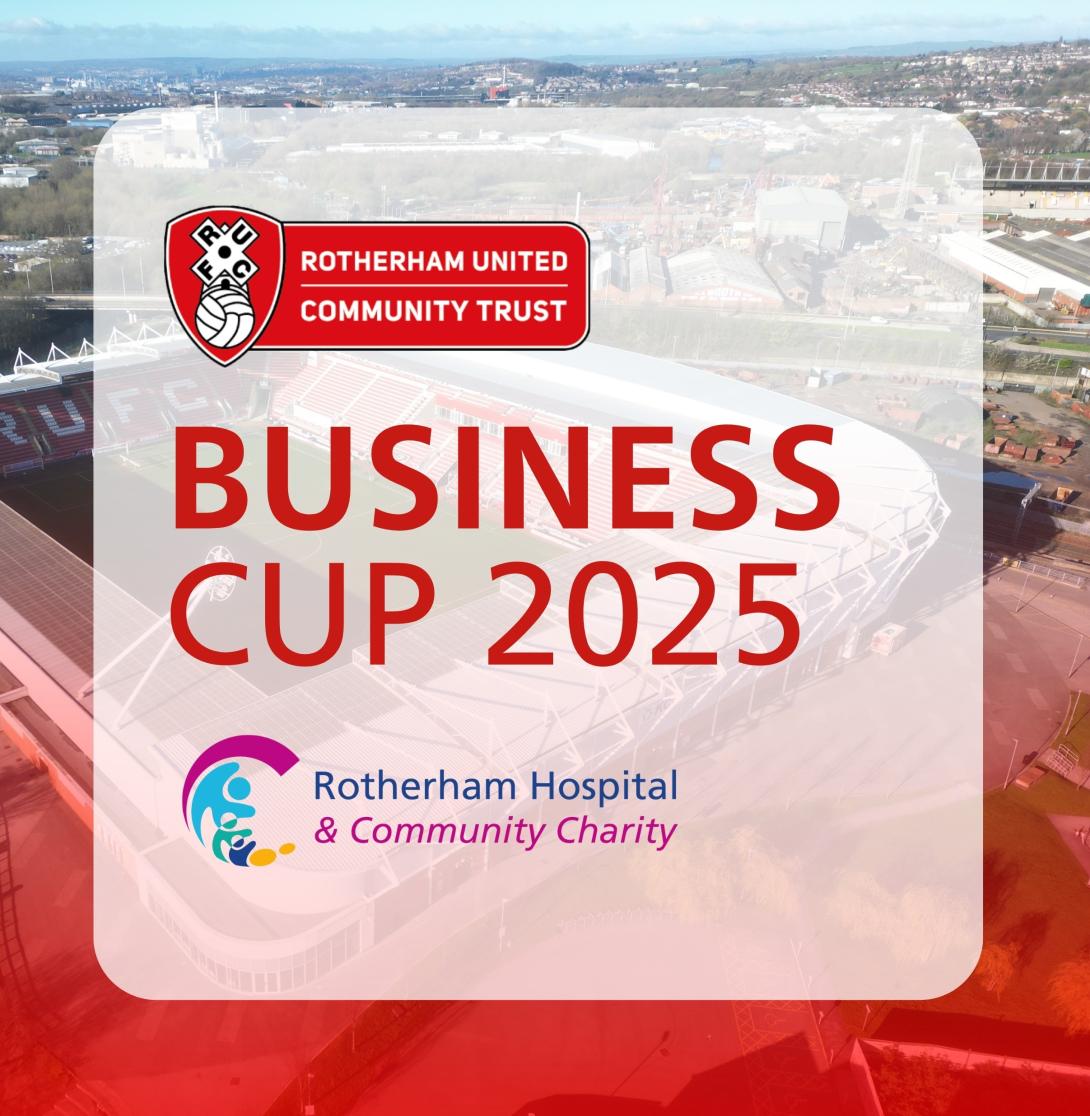 An arial image of the Rotherham United ground with the Rotherham United Community Trust logo and the words 'Business Cup 2025'