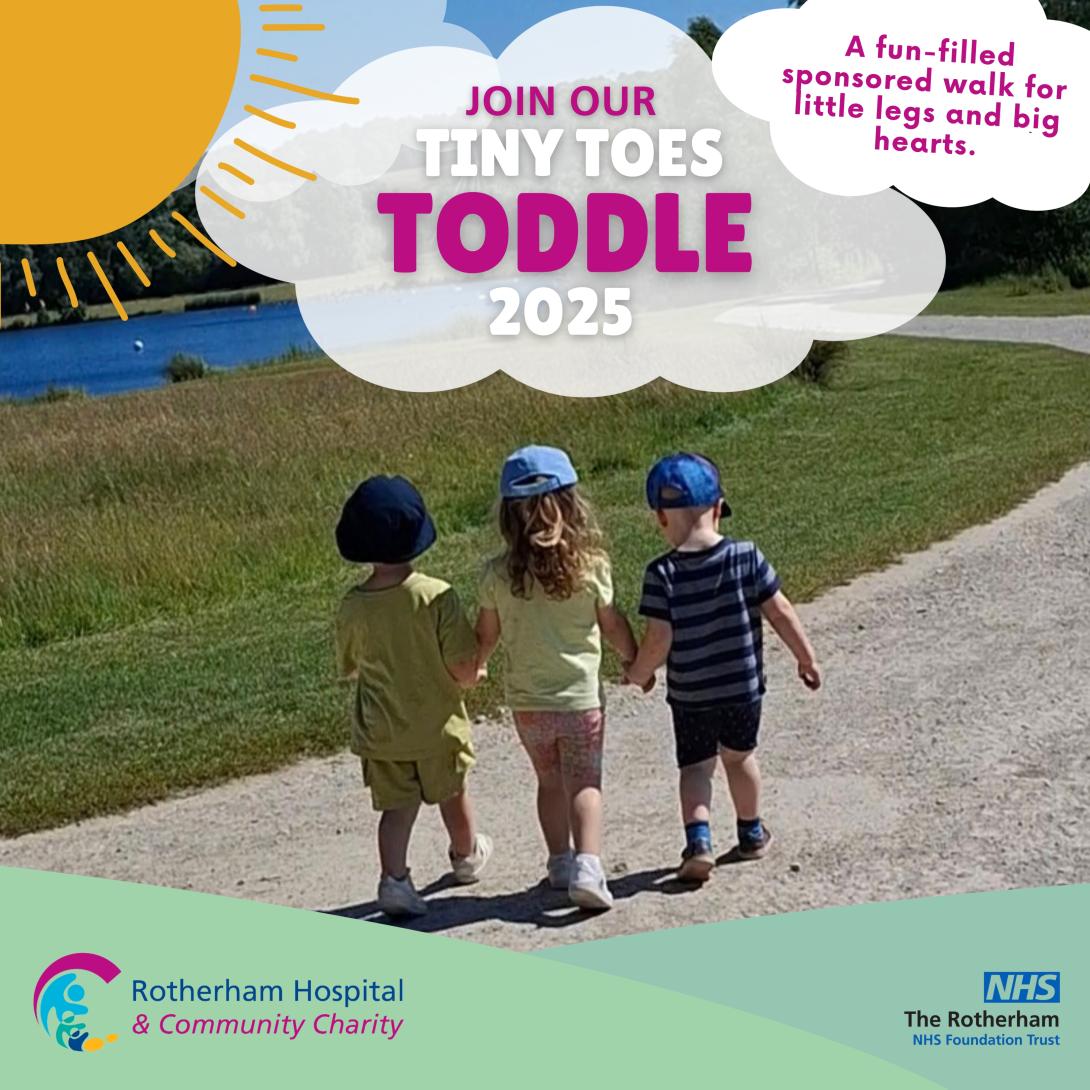 A group of toddlers walking a Tiny Toes Toddle event in the sunshine for the charity. Accompanied by the text: Join our Tiny Toes Toddle 2025.