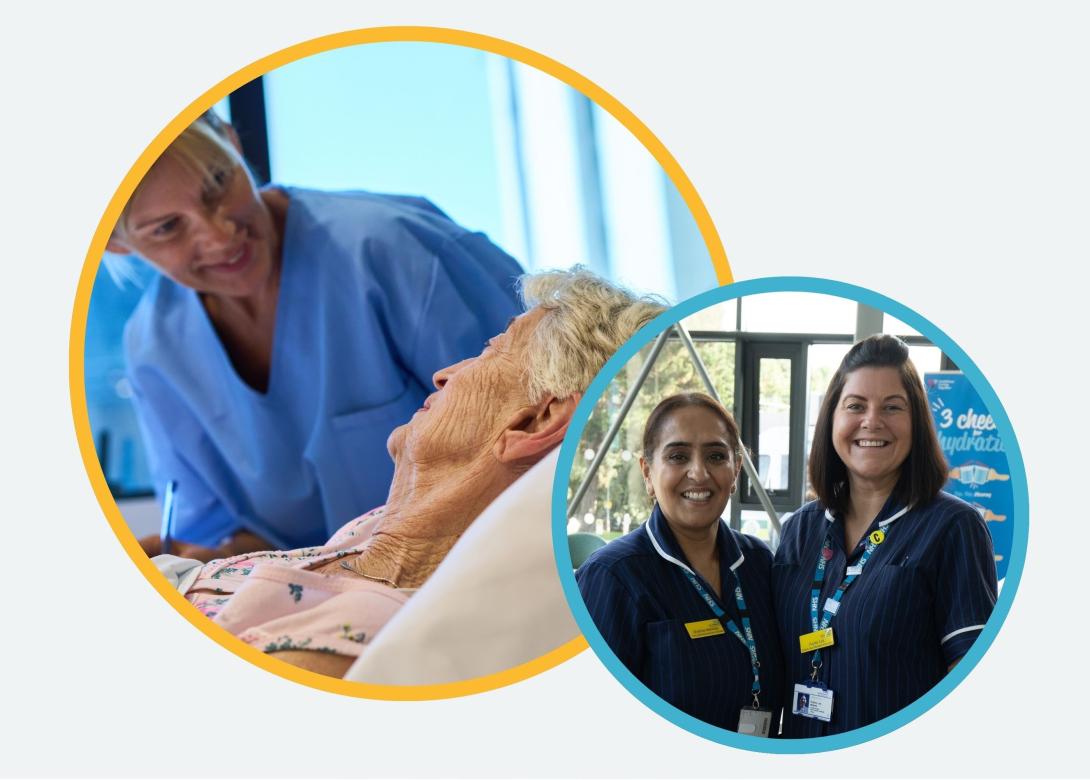 An image of a nurse with an elderly patient. Next to this is an image of two smiling nurses.