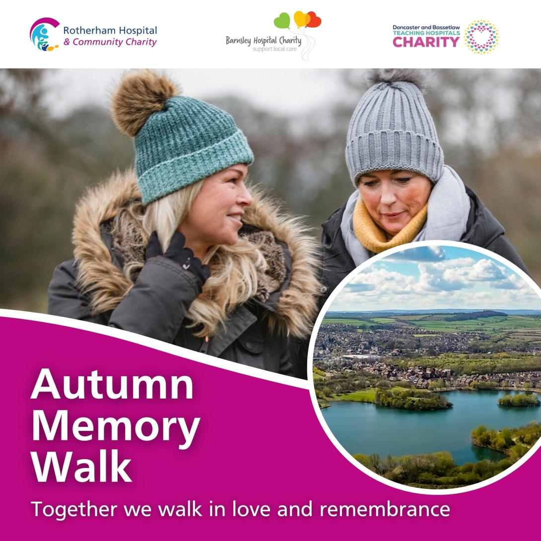 Two ladies walking together wearing winter coats and hats with the words 'Autumn Memory Walk - together we walk in love and remembrance.