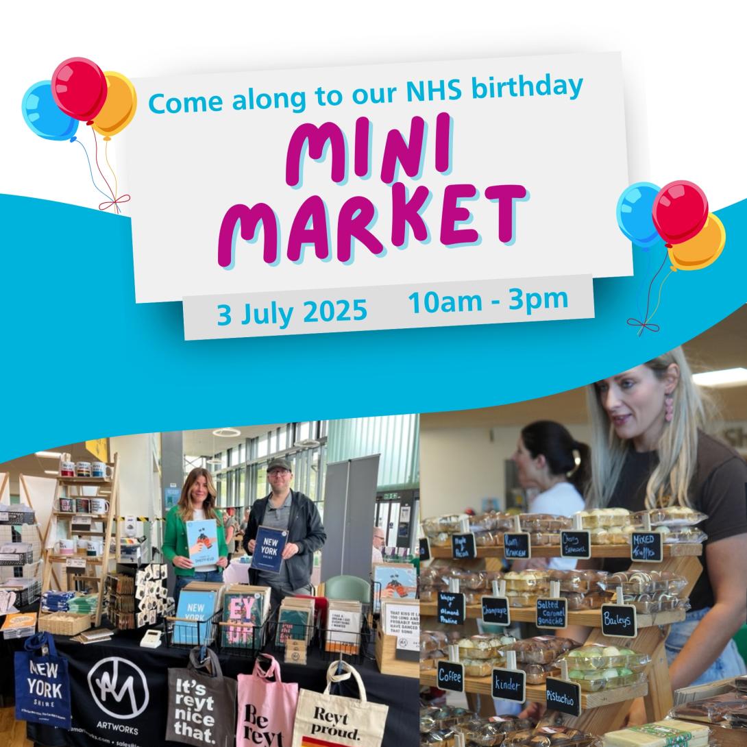 Images of stall holders from a previous charity fair, with a sign above with the words 'Mini Market, 3 July, 10am - 3pm.
