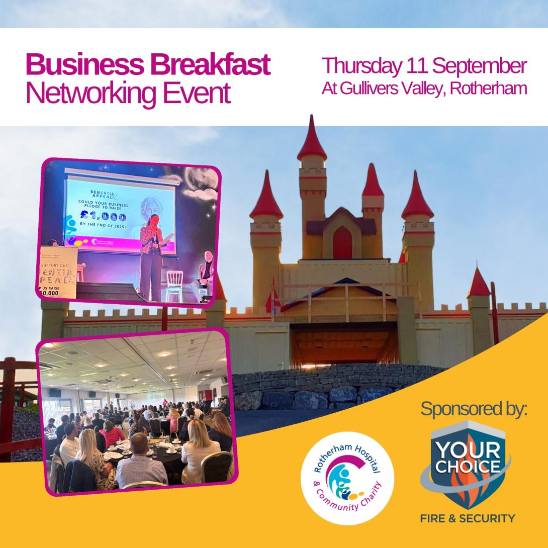 The Gullivers castle with the words 'Business Breakfast Networking Event, Thursday 11 September, At Gullivers Valley Rotherham' above. 