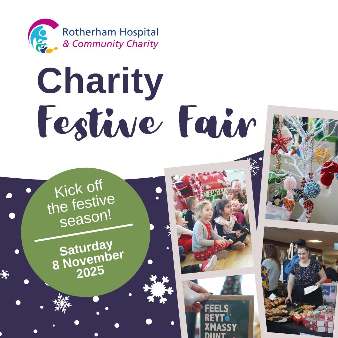 A polaroid strip of images including festive gifts, a stall holder selling baked goods and children carol singing. With the words 'Charity Festive Fair - Kick off the festive season! Saturday 8 November 2025'